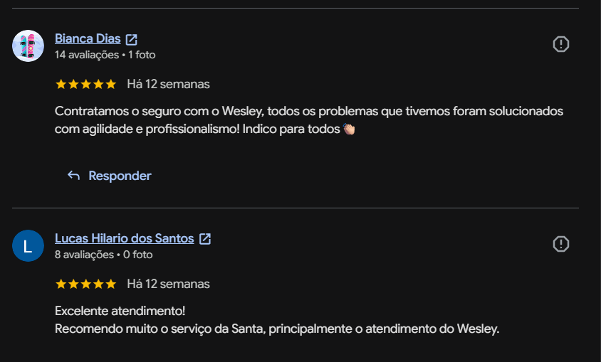 Avaliações cinco estrelas de Bianca Dias e Lucas Hilario dos Santos no Google