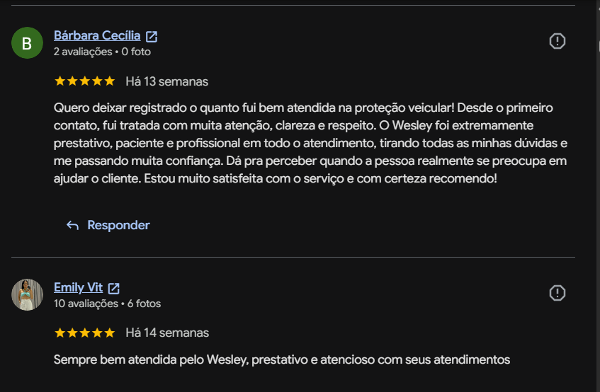 Avaliações cinco estrelas de Bárbara Cecília e Emily Vit no Google